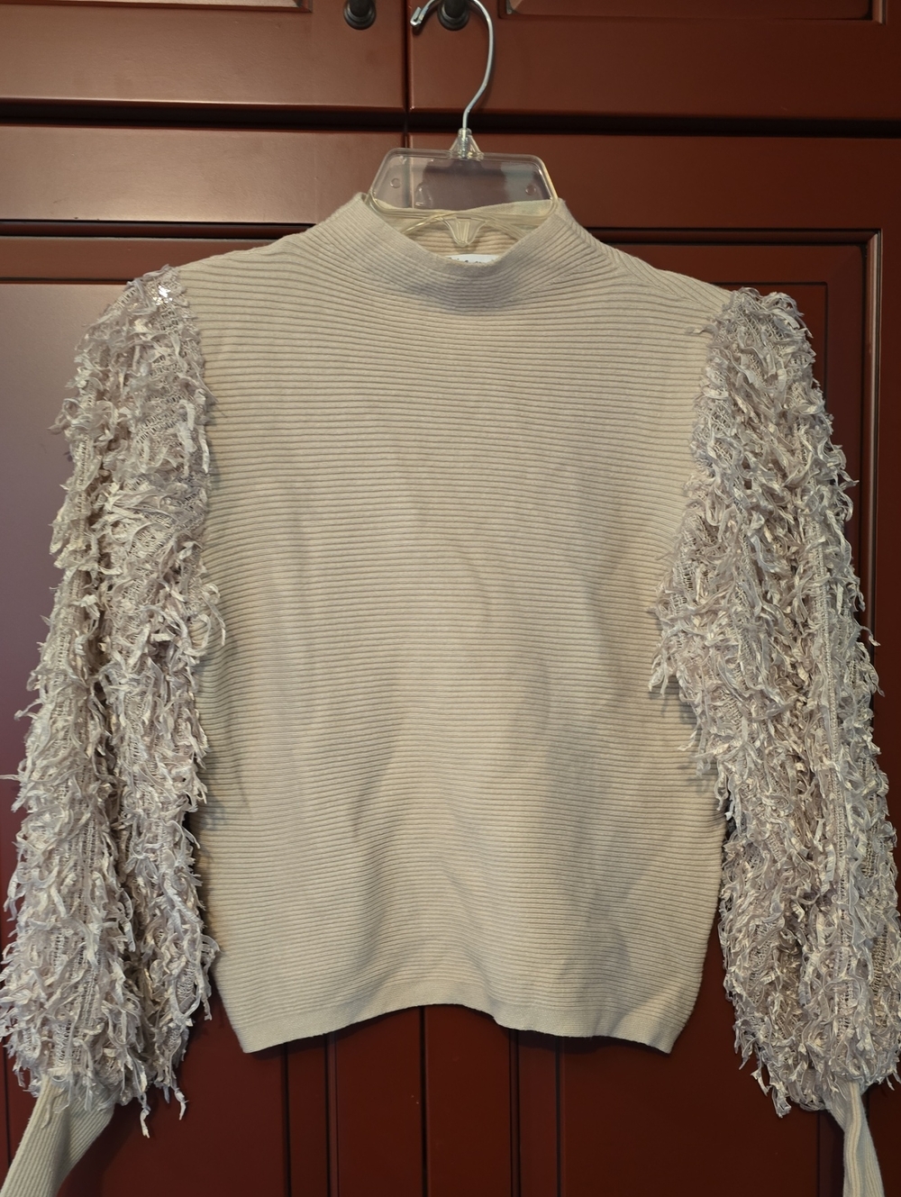 Sioni Cream Ribbed Mock Neck Sweater with Textured Fringe Sleeves